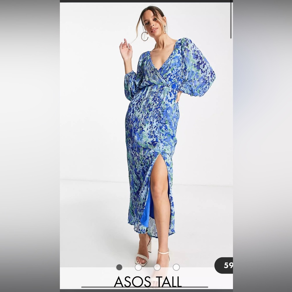 ASOS DESIGN Tall plisse midi dress with button detail in floral printWORN ONCE